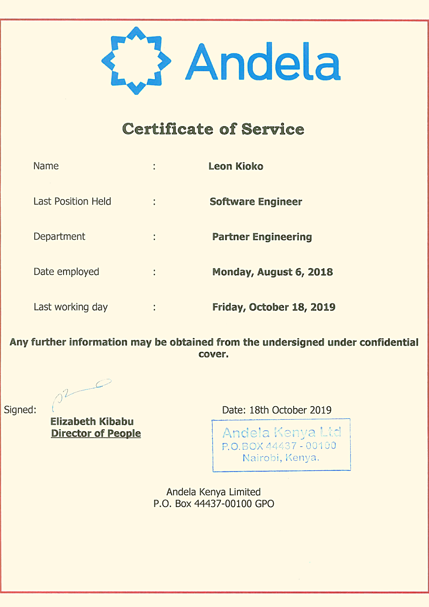 Andela — Certificate of Service · Software Engineer